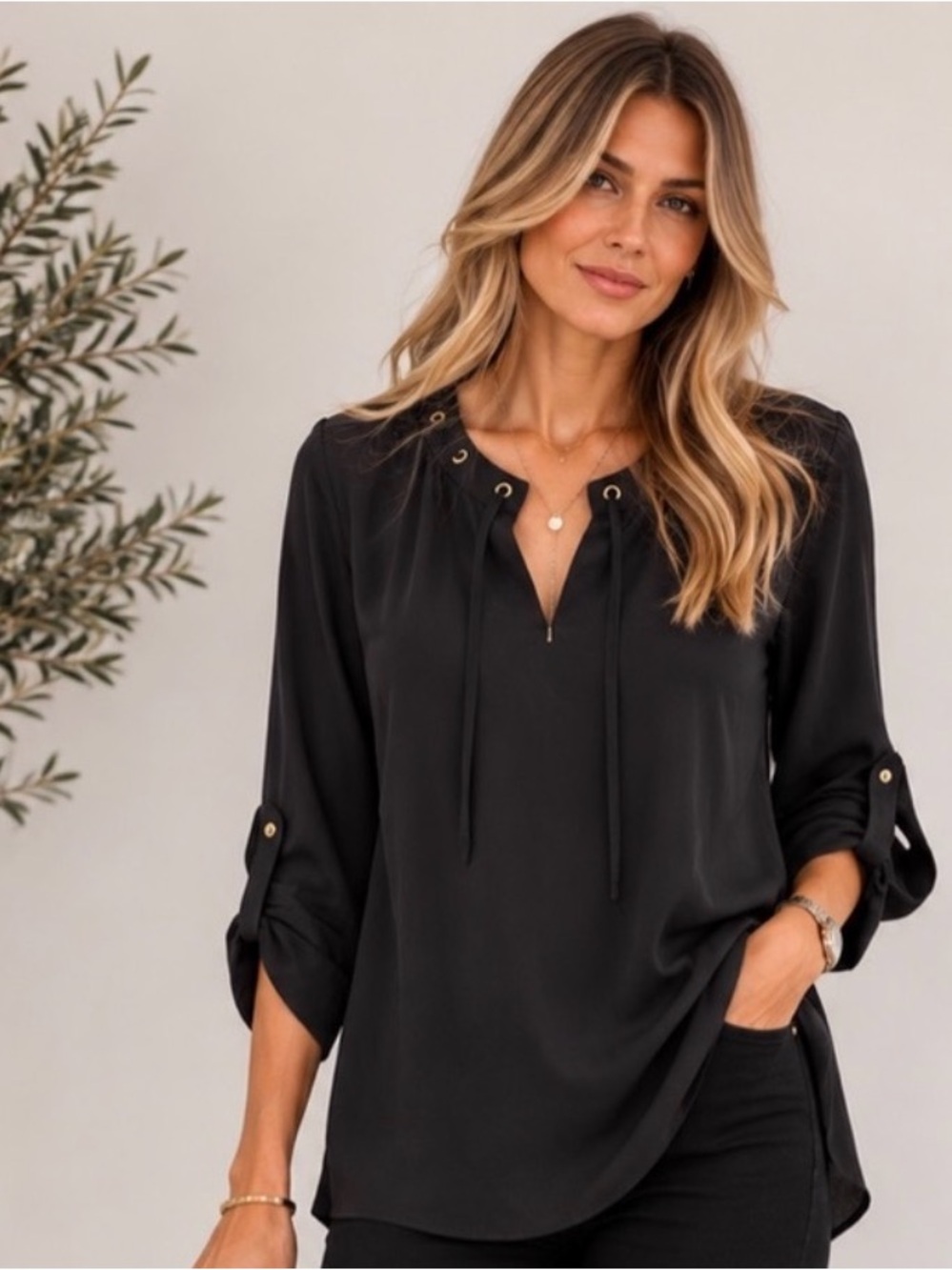 Ellen Tracy Black Eyelet Tie Split-Neck Tunic